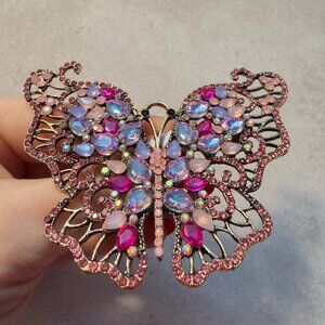 Butterfly Brooch Large Rhinestone Pink Crystal Wing Pin